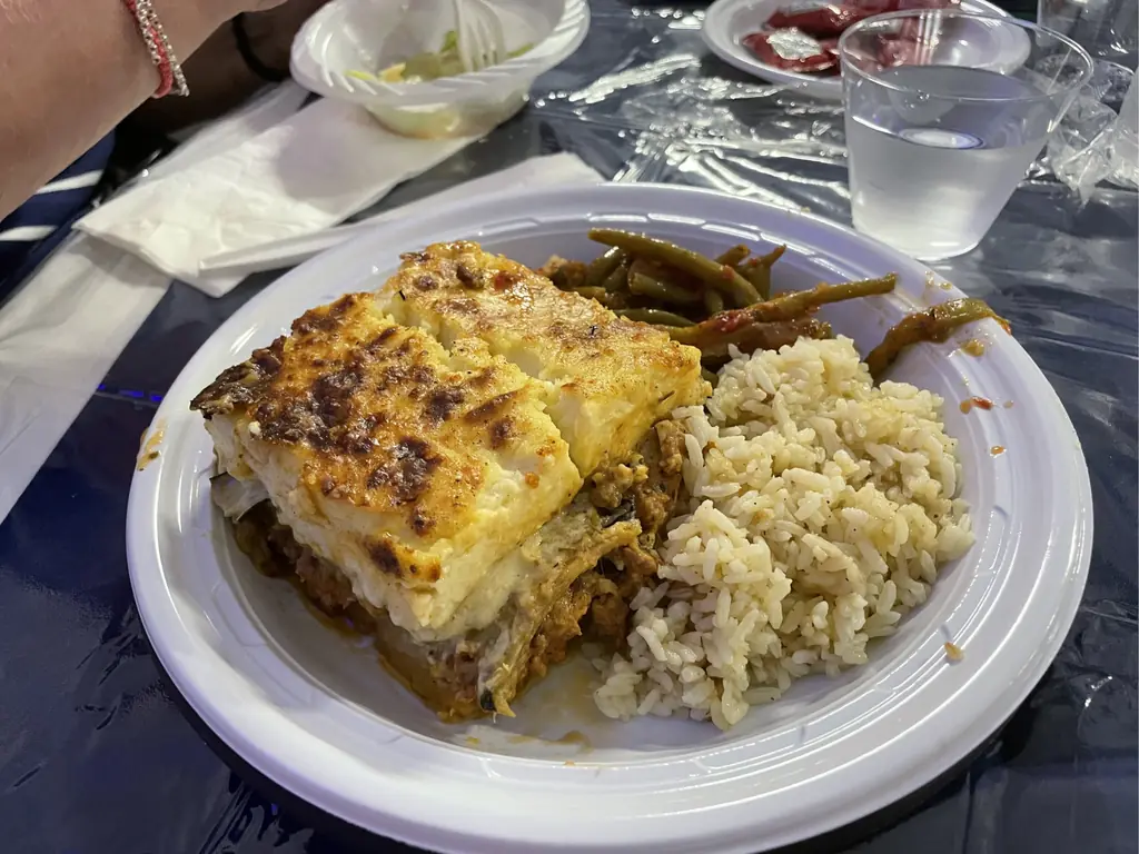Moussaka with rice and string beans from the Taverna