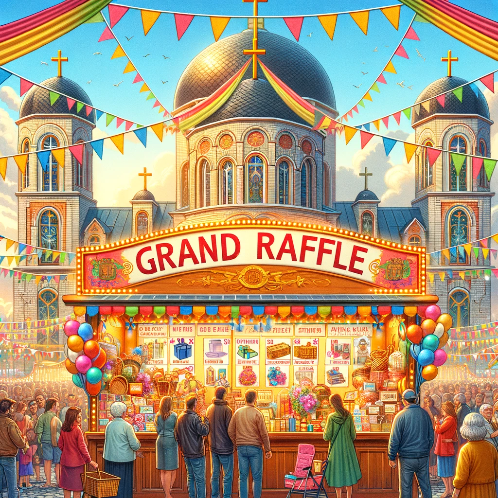 The scene captures a vibrant raffle booth adorned with colorful decorations and banners